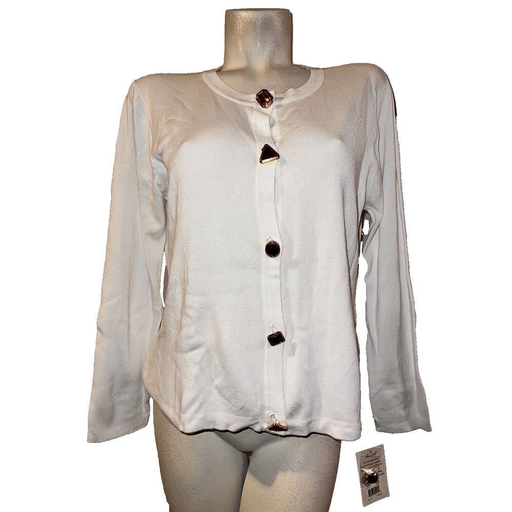 New MIRASOL Sweater Size XL White Rayon Nylon Knit LS‎ Cardigan w/Gem Buttons